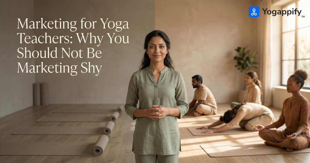 Marketing for yoga teachers showing visibility and connection with students in a calm yoga class setting